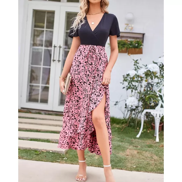 imageBTFBM Women Summer Long Dresses 2023 Short Sleeve V Neck Boho Floral Print Tie Waist High Low Ruffle Cocktail Maxi DressFloral Pink Black