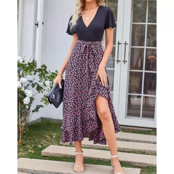 imageBTFBM Women Summer Long Dresses 2023 Short Sleeve V Neck Boho Floral Print Tie Waist High Low Ruffle Cocktail Maxi DressFloral Rose Red