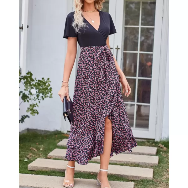 imageBTFBM Women Summer Long Dresses 2023 Short Sleeve V Neck Boho Floral Print Tie Waist High Low Ruffle Cocktail Maxi DressFloral Rose Red