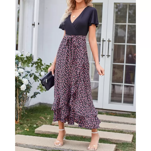imageBTFBM Women Summer Long Dresses 2023 Short Sleeve V Neck Boho Floral Print Tie Waist High Low Ruffle Cocktail Maxi DressFloral Rose Red