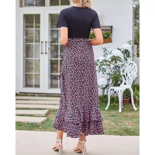 imageBTFBM Women Summer Long Dresses 2023 Short Sleeve V Neck Boho Floral Print Tie Waist High Low Ruffle Cocktail Maxi DressFloral Rose Red