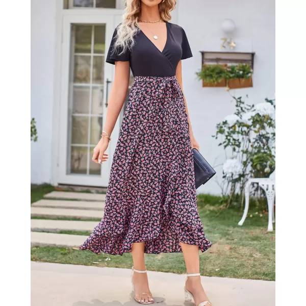 imageBTFBM Women Summer Long Dresses 2023 Short Sleeve V Neck Boho Floral Print Tie Waist High Low Ruffle Cocktail Maxi DressFloral Rose Red