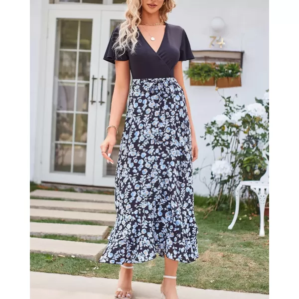 imageBTFBM Women Summer Long Dresses 2023 Short Sleeve V Neck Boho Floral Print Tie Waist High Low Ruffle Cocktail Maxi DressFloral White Blue