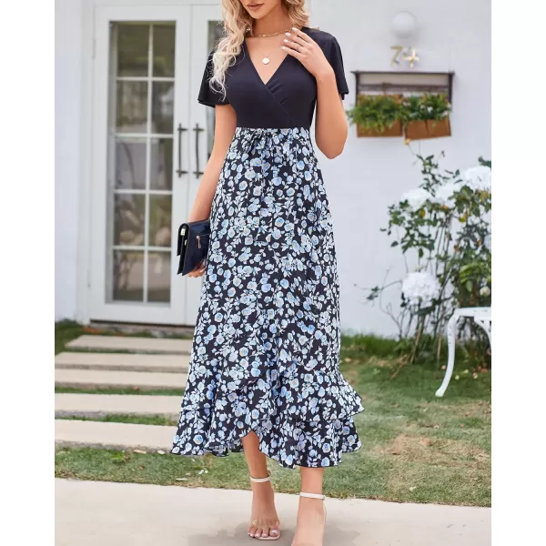 imageBTFBM Women Summer Long Dresses 2023 Short Sleeve V Neck Boho Floral Print Tie Waist High Low Ruffle Cocktail Maxi DressFloral White Blue