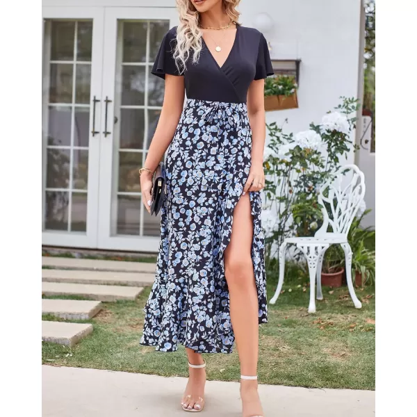 imageBTFBM Women Summer Long Dresses 2023 Short Sleeve V Neck Boho Floral Print Tie Waist High Low Ruffle Cocktail Maxi DressFloral White Blue