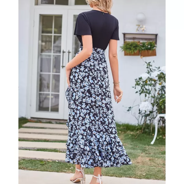 imageBTFBM Women Summer Long Dresses 2023 Short Sleeve V Neck Boho Floral Print Tie Waist High Low Ruffle Cocktail Maxi DressFloral White Blue