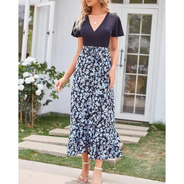 imageBTFBM Women Summer Long Dresses 2023 Short Sleeve V Neck Boho Floral Print Tie Waist High Low Ruffle Cocktail Maxi DressFloral White Blue