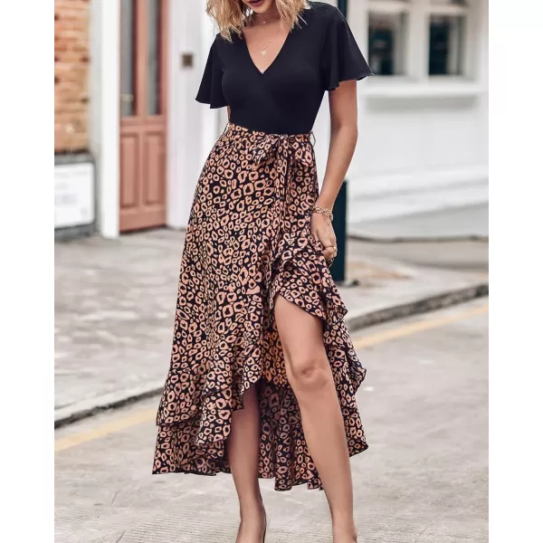 imageBTFBM Women Summer Long Dresses 2023 Short Sleeve V Neck Boho Floral Print Tie Waist High Low Ruffle Cocktail Maxi DressLeopard Black Brown