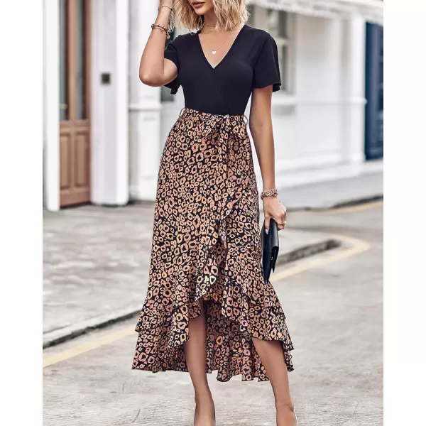 imageBTFBM Women Summer Long Dresses 2023 Short Sleeve V Neck Boho Floral Print Tie Waist High Low Ruffle Cocktail Maxi DressLeopard Black Brown