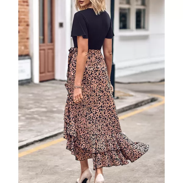 imageBTFBM Women Summer Long Dresses 2023 Short Sleeve V Neck Boho Floral Print Tie Waist High Low Ruffle Cocktail Maxi DressLeopard Black Brown