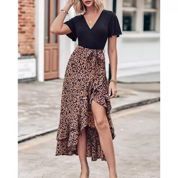 imageBTFBM Women Summer Long Dresses 2023 Short Sleeve V Neck Boho Floral Print Tie Waist High Low Ruffle Cocktail Maxi DressLeopard Black Brown