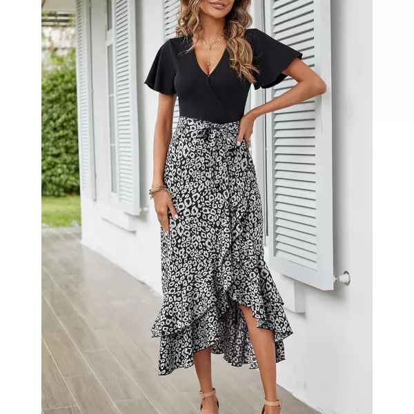 imageBTFBM Women Summer Long Dresses 2023 Short Sleeve V Neck Boho Floral Print Tie Waist High Low Ruffle Cocktail Maxi DressLeopard Black Grey