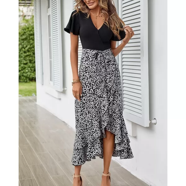 imageBTFBM Women Summer Long Dresses 2023 Short Sleeve V Neck Boho Floral Print Tie Waist High Low Ruffle Cocktail Maxi DressLeopard Black Grey