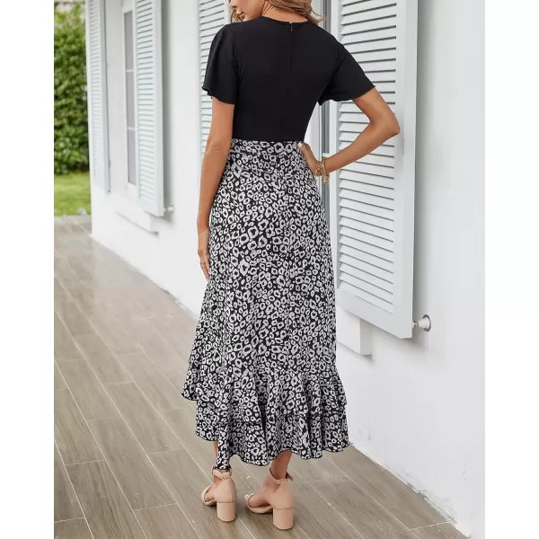 imageBTFBM Women Summer Long Dresses 2023 Short Sleeve V Neck Boho Floral Print Tie Waist High Low Ruffle Cocktail Maxi DressLeopard Black Grey