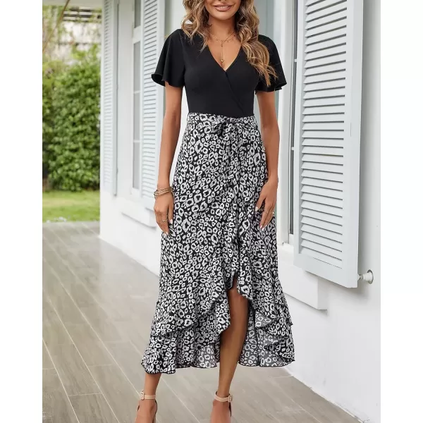 imageBTFBM Women Summer Long Dresses 2023 Short Sleeve V Neck Boho Floral Print Tie Waist High Low Ruffle Cocktail Maxi DressLeopard Black Grey