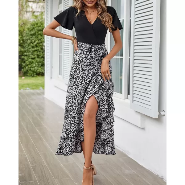 imageBTFBM Women Summer Long Dresses 2023 Short Sleeve V Neck Boho Floral Print Tie Waist High Low Ruffle Cocktail Maxi DressLeopard Black Grey