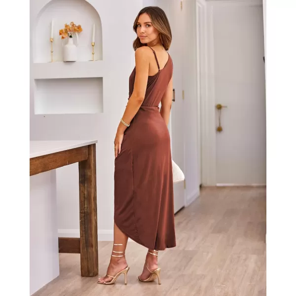 imageBTFBM Women Summer One Shoulder Dress 2023 Spaghetti Strap Sleeveless Ruched Wrap Slit Bodycon Party Casual SundressesSolid Brick Red