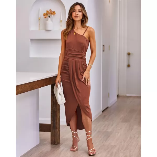 imageBTFBM Women Summer One Shoulder Dress 2023 Spaghetti Strap Sleeveless Ruched Wrap Slit Bodycon Party Casual SundressesSolid Brick Red