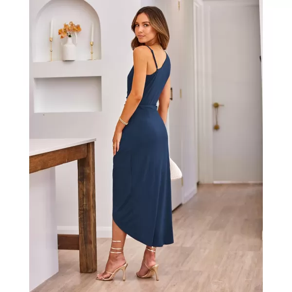 imageBTFBM Women Summer One Shoulder Dress 2023 Spaghetti Strap Sleeveless Ruched Wrap Slit Bodycon Party Casual SundressesSolid Dark Blue