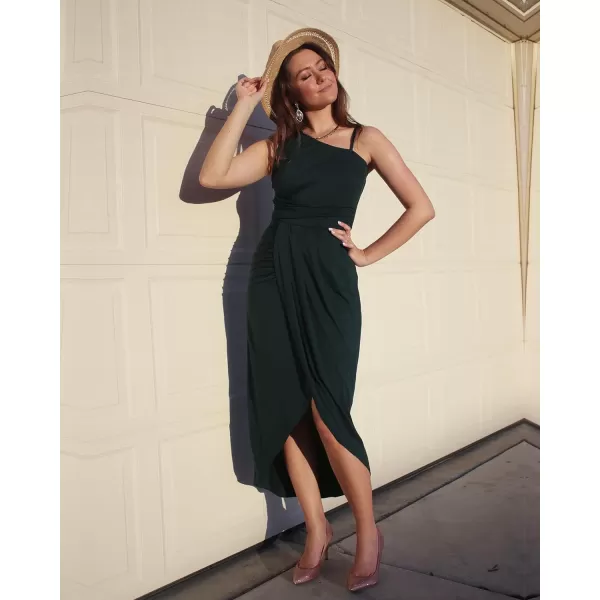 imageBTFBM Women Summer One Shoulder Dress 2023 Spaghetti Strap Sleeveless Ruched Wrap Slit Bodycon Party Casual SundressesSolid Dark Green