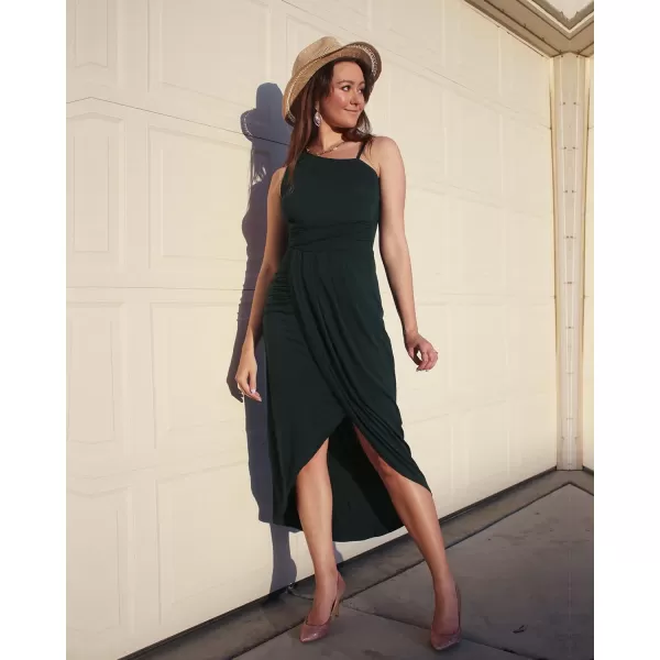 imageBTFBM Women Summer One Shoulder Dress 2023 Spaghetti Strap Sleeveless Ruched Wrap Slit Bodycon Party Casual SundressesSolid Dark Green