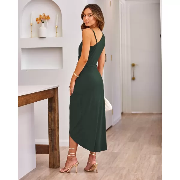 imageBTFBM Women Summer One Shoulder Dress 2023 Spaghetti Strap Sleeveless Ruched Wrap Slit Bodycon Party Casual SundressesSolid Dark Green