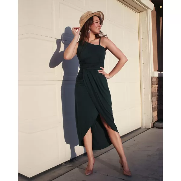 imageBTFBM Women Summer One Shoulder Dress 2023 Spaghetti Strap Sleeveless Ruched Wrap Slit Bodycon Party Casual SundressesSolid Dark Green