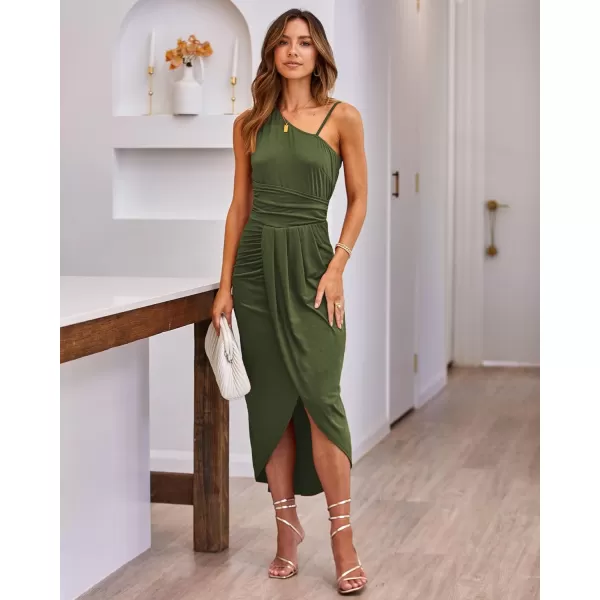 imageBTFBM Women Summer One Shoulder Dress 2023 Spaghetti Strap Sleeveless Ruched Wrap Slit Bodycon Party Casual SundressesSolid Light Army Green