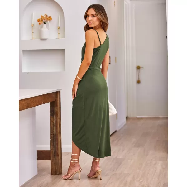 imageBTFBM Women Summer One Shoulder Dress 2023 Spaghetti Strap Sleeveless Ruched Wrap Slit Bodycon Party Casual SundressesSolid Light Army Green