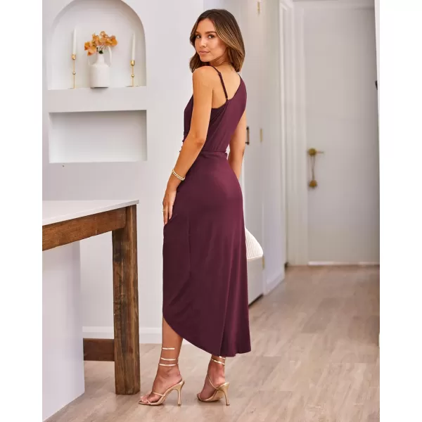 imageBTFBM Women Summer One Shoulder Dress 2023 Spaghetti Strap Sleeveless Ruched Wrap Slit Bodycon Party Casual SundressesSolid Wine Red