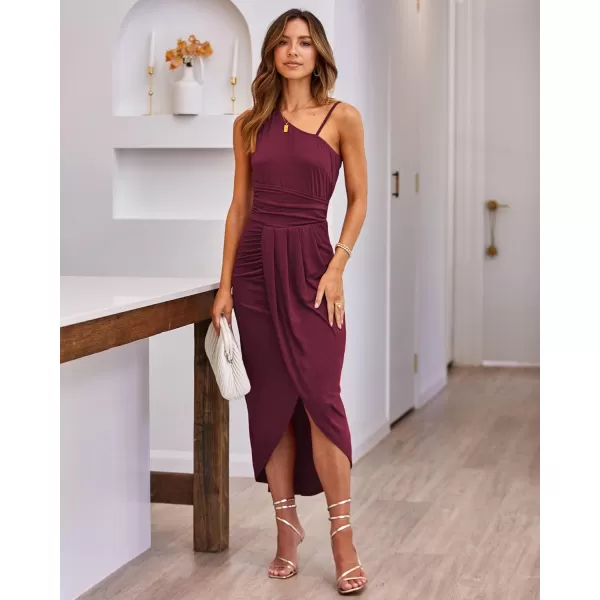 imageBTFBM Women Summer One Shoulder Dress 2023 Spaghetti Strap Sleeveless Ruched Wrap Slit Bodycon Party Casual SundressesSolid Wine Red