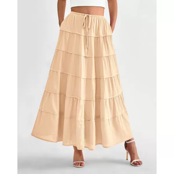 imageBTFBM Women Summer Tiered Maxi Skirt Drawstring Elastic MidWaist A Line Boho Beach Dress Flowy Long Skirts with PocketSolid Apricot