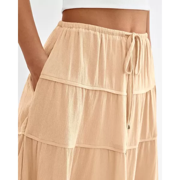 imageBTFBM Women Summer Tiered Maxi Skirt Drawstring Elastic MidWaist A Line Boho Beach Dress Flowy Long Skirts with PocketSolid Apricot