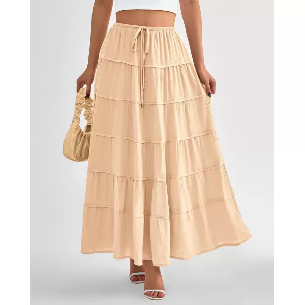 imageBTFBM Women Summer Tiered Maxi Skirt Drawstring Elastic MidWaist A Line Boho Beach Dress Flowy Long Skirts with PocketSolid Apricot