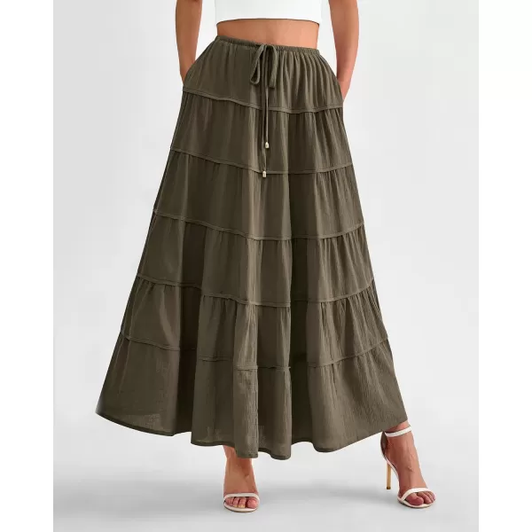 imageBTFBM Women Summer Tiered Maxi Skirt Drawstring Elastic MidWaist A Line Boho Beach Dress Flowy Long Skirts with PocketSolid Army Green
