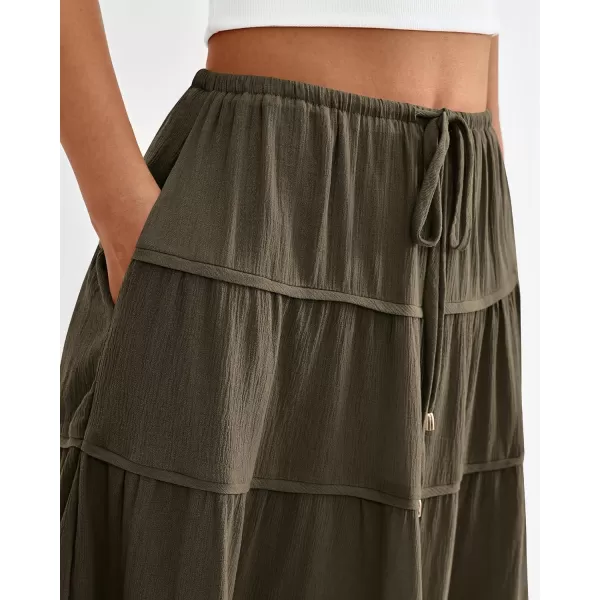 imageBTFBM Women Summer Tiered Maxi Skirt Drawstring Elastic MidWaist A Line Boho Beach Dress Flowy Long Skirts with PocketSolid Army Green