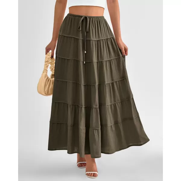 imageBTFBM Women Summer Tiered Maxi Skirt Drawstring Elastic MidWaist A Line Boho Beach Dress Flowy Long Skirts with PocketSolid Army Green