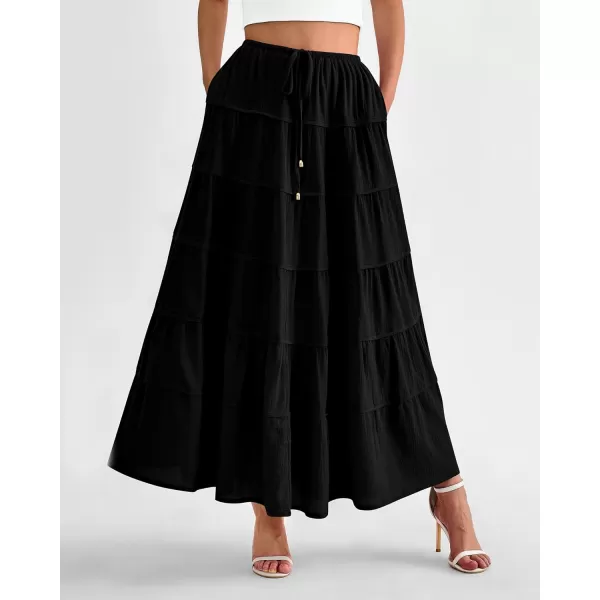 imageBTFBM Women Summer Tiered Maxi Skirt Drawstring Elastic MidWaist A Line Boho Beach Dress Flowy Long Skirts with PocketSolid Black