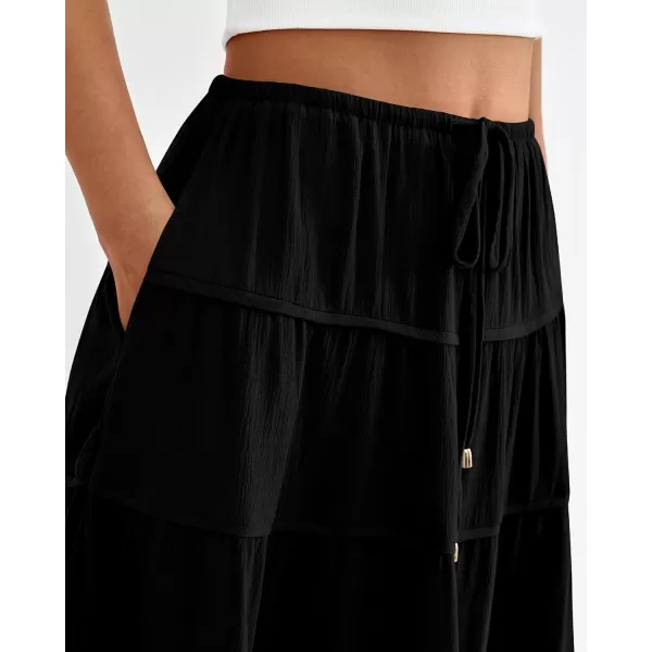 imageBTFBM Women Summer Tiered Maxi Skirt Drawstring Elastic MidWaist A Line Boho Beach Dress Flowy Long Skirts with PocketSolid Black