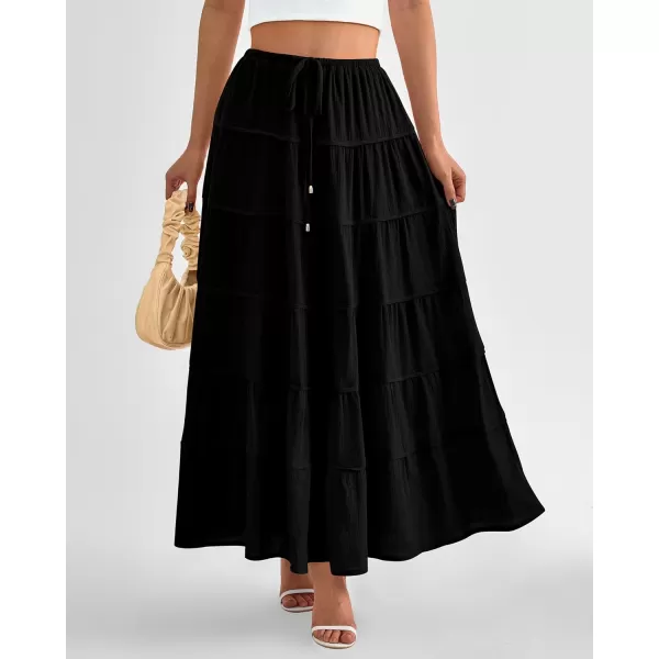 imageBTFBM Women Summer Tiered Maxi Skirt Drawstring Elastic MidWaist A Line Boho Beach Dress Flowy Long Skirts with PocketSolid Black