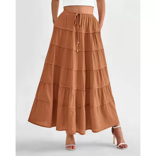 imageBTFBM Women Summer Tiered Maxi Skirt Drawstring Elastic MidWaist A Line Boho Beach Dress Flowy Long Skirts with PocketSolid Brown