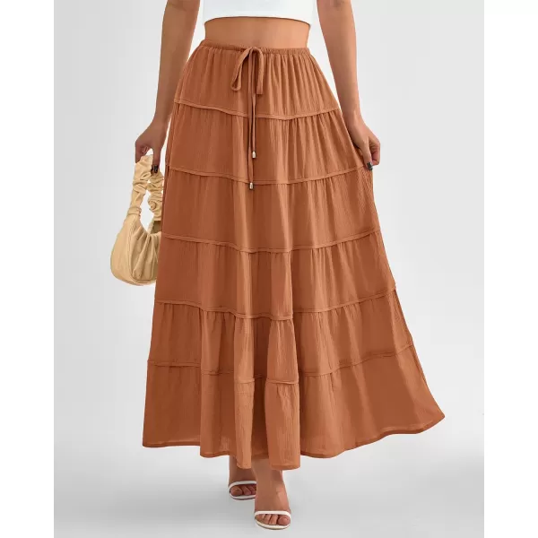 imageBTFBM Women Summer Tiered Maxi Skirt Drawstring Elastic MidWaist A Line Boho Beach Dress Flowy Long Skirts with PocketSolid Brown