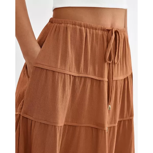 imageBTFBM Women Summer Tiered Maxi Skirt Drawstring Elastic MidWaist A Line Boho Beach Dress Flowy Long Skirts with PocketSolid Brown