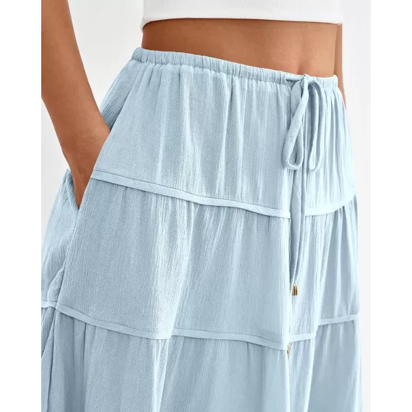 imageBTFBM Women Summer Tiered Maxi Skirt Drawstring Elastic MidWaist A Line Boho Beach Dress Flowy Long Skirts with PocketSolid Light Blue