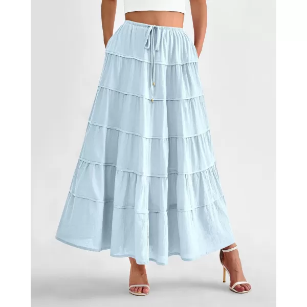 imageBTFBM Women Summer Tiered Maxi Skirt Drawstring Elastic MidWaist A Line Boho Beach Dress Flowy Long Skirts with PocketSolid Light Blue