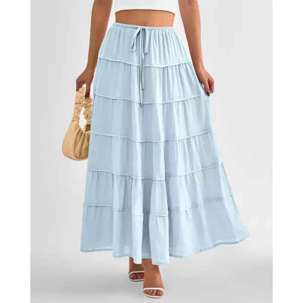 imageBTFBM Women Summer Tiered Maxi Skirt Drawstring Elastic MidWaist A Line Boho Beach Dress Flowy Long Skirts with PocketSolid Light Blue