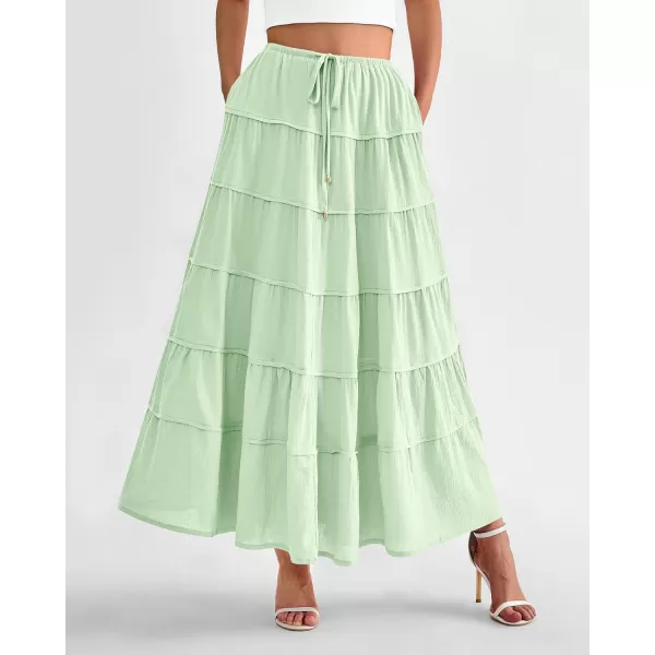 imageBTFBM Women Summer Tiered Maxi Skirt Drawstring Elastic MidWaist A Line Boho Beach Dress Flowy Long Skirts with PocketSolid Light Green
