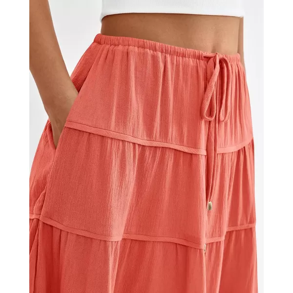 imageBTFBM Women Summer Tiered Maxi Skirt Drawstring Elastic MidWaist A Line Boho Beach Dress Flowy Long Skirts with PocketSolid Orange