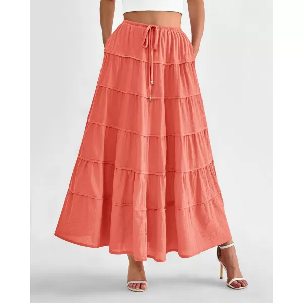 imageBTFBM Women Summer Tiered Maxi Skirt Drawstring Elastic MidWaist A Line Boho Beach Dress Flowy Long Skirts with PocketSolid Orange