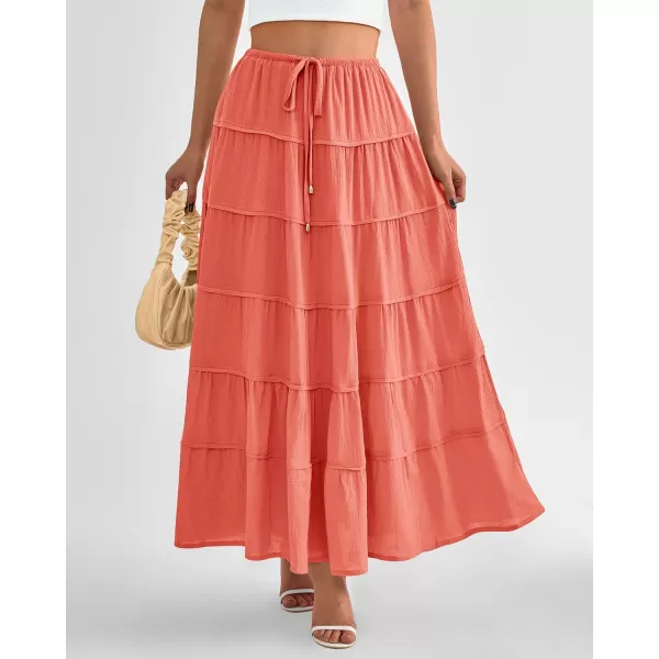 imageBTFBM Women Summer Tiered Maxi Skirt Drawstring Elastic MidWaist A Line Boho Beach Dress Flowy Long Skirts with PocketSolid Orange